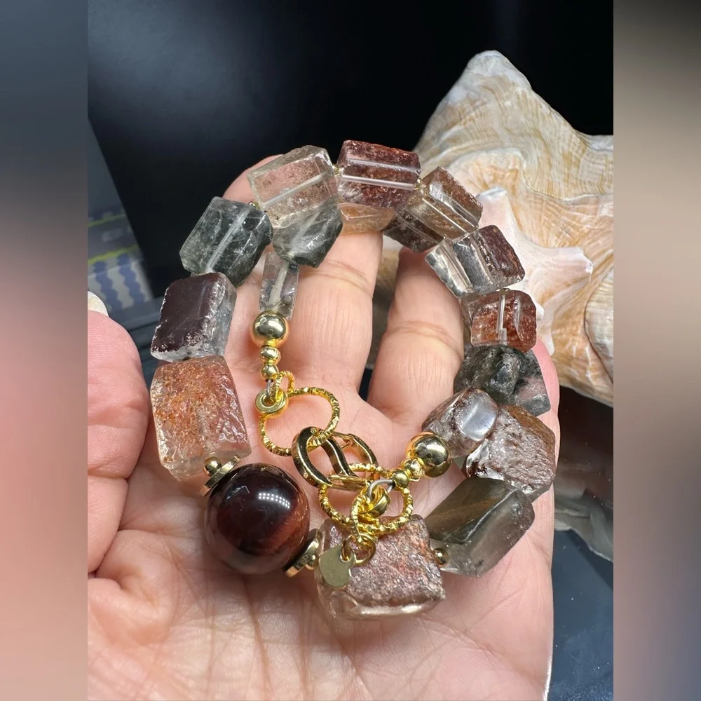 GOLDEN PHANTOM QUARTZ + TIGERS EYE STONES NATURAL NECKLACE - Picture 7 of 16